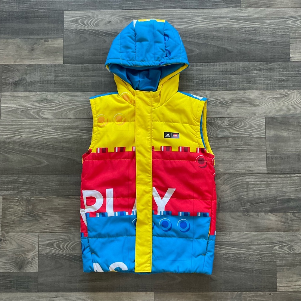 Adidas x Lego Puffer Padded Vest Kids SMALL Yellow Red Blue Hooded Zip HM2228